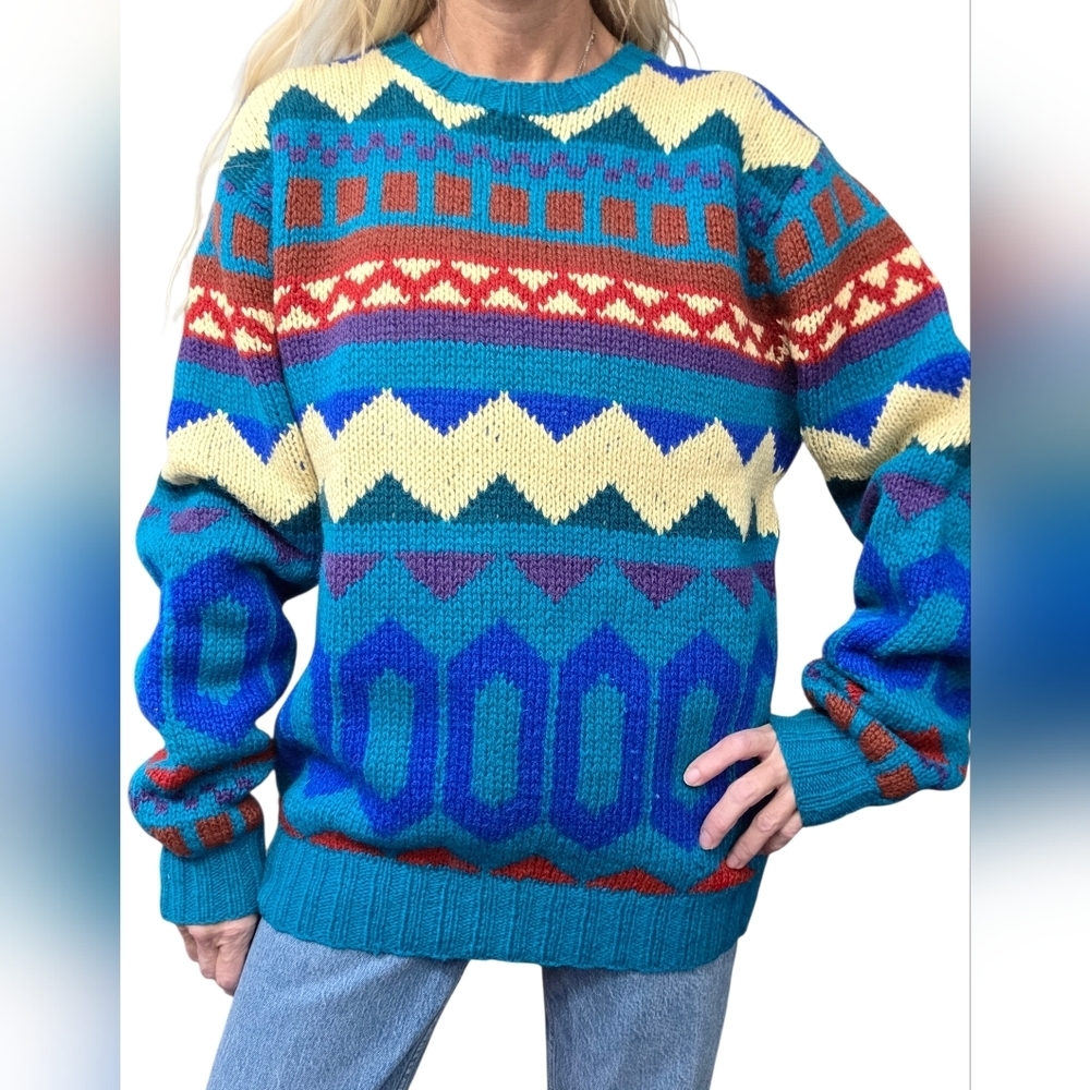 Vintage 80s Shetland Wool Fair Isle Nordic Sweater Colorful Knit Large